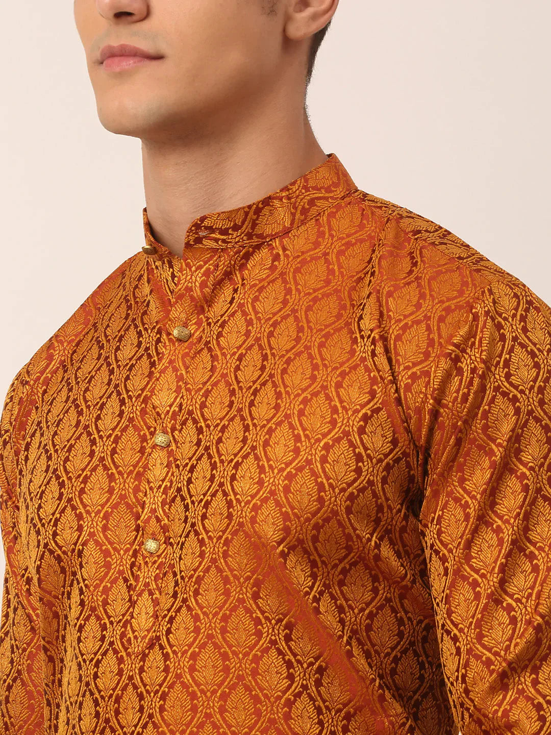 Jompers Men's Woven Design Jacquard Kurta Pyjama - Maroon