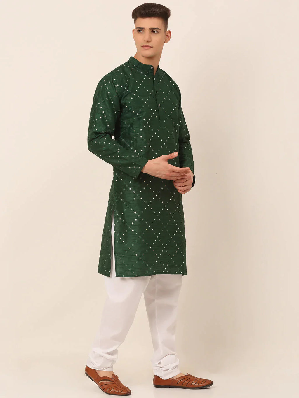 Jompers Men's Green Mirror Work Kurta Pyjama