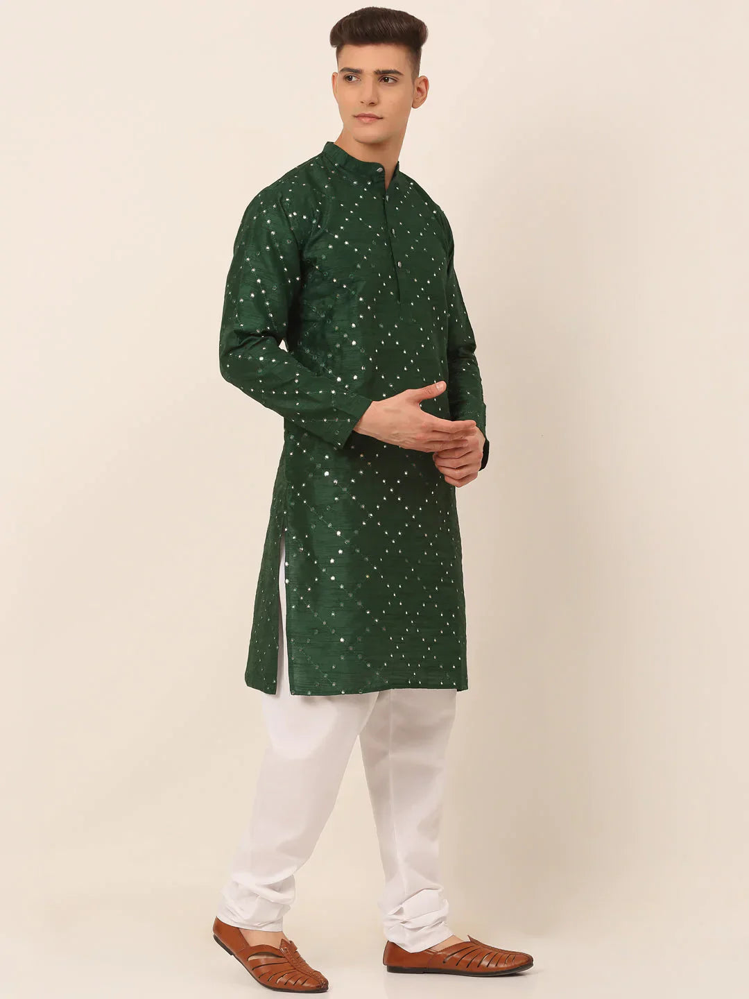 Jompers Men's Green Mirror Work Kurta Pyjama
