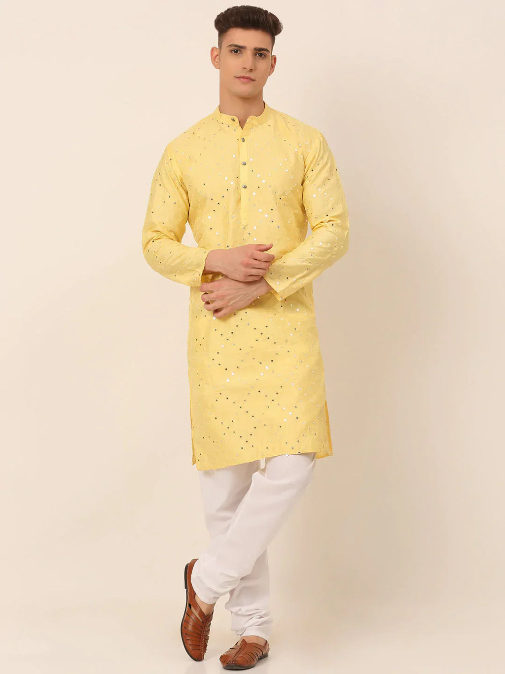 Jompers Men's Lemon Mirror Work Kurta Pyjama