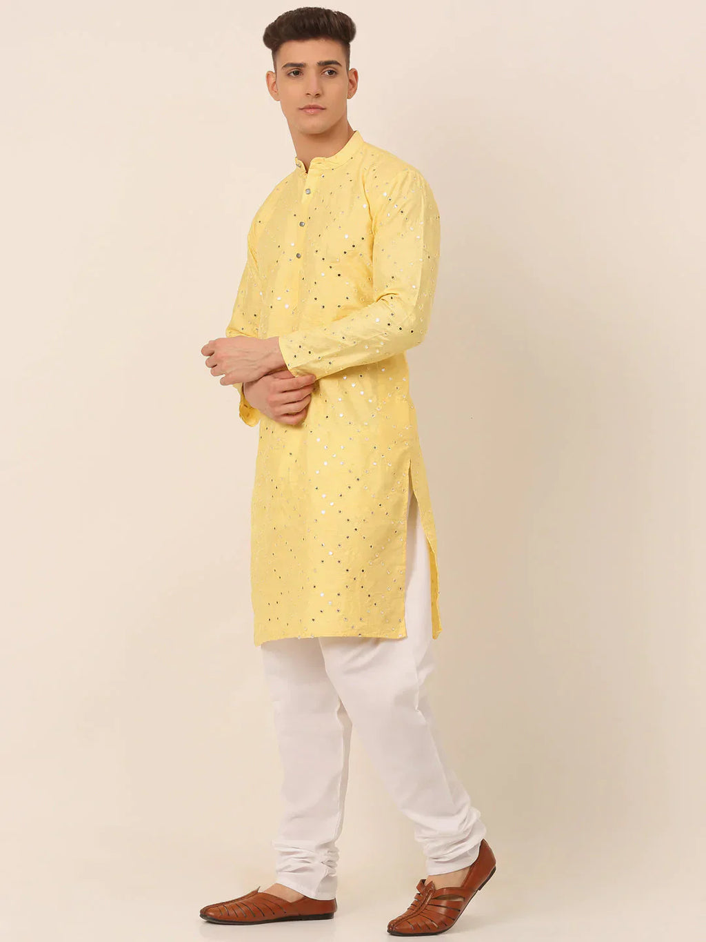 Jompers Men's Lemon Mirror Work Kurta Pyjama