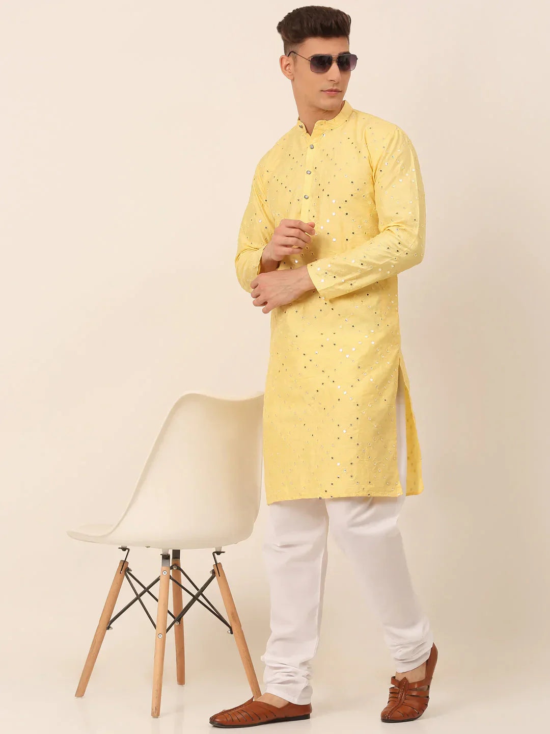 Jompers Men's Lemon Mirror Work Kurta Pyjama