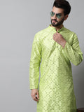 Jompers Men's Lime Green Embroidered Mirror Work Dupion Silk Kurta with Pyjamas