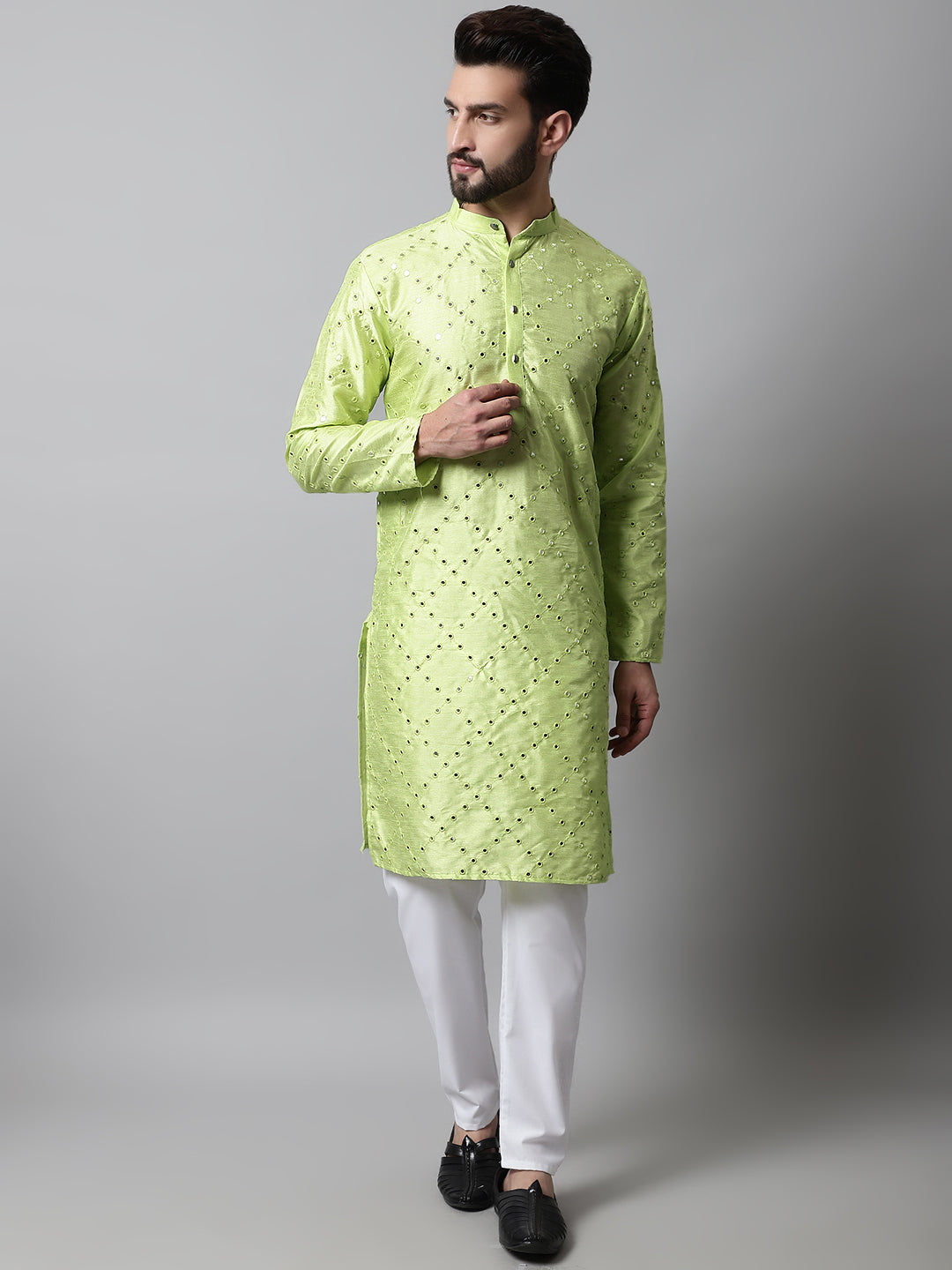 Jompers Men's Lime Green Embroidered Mirror Work Dupion Silk Kurta with Pyjamas