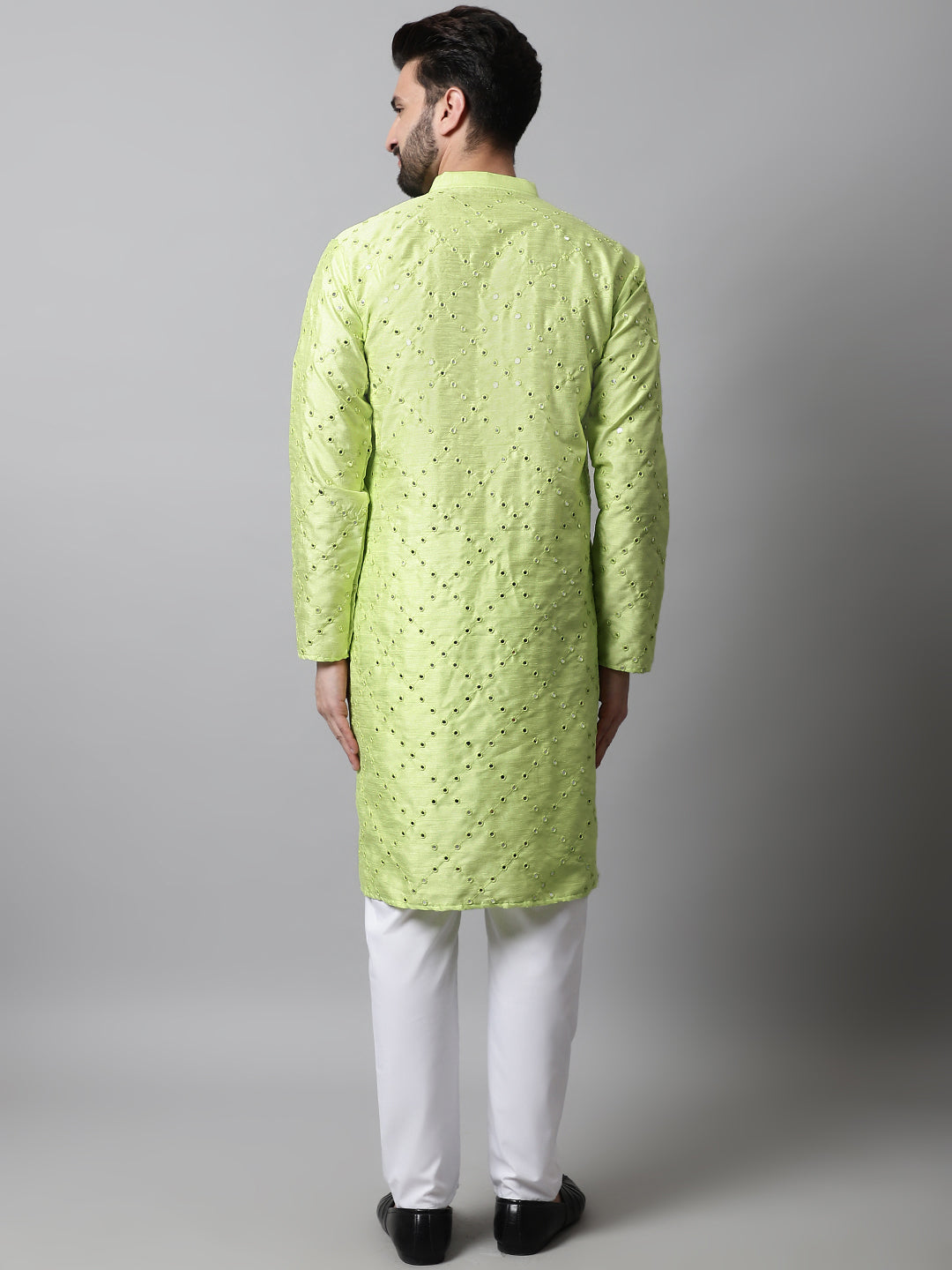 Jompers Men's Lime Green Embroidered Mirror Work Dupion Silk Kurta with Pyjamas