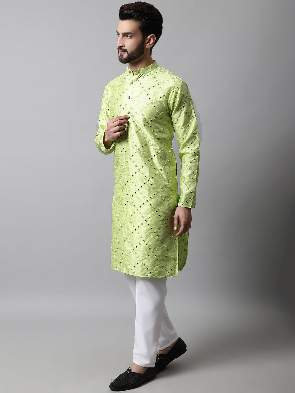 Jompers Men's Lime Green Embroidered Mirror Work Dupion Silk Kurta with Pyjamas
