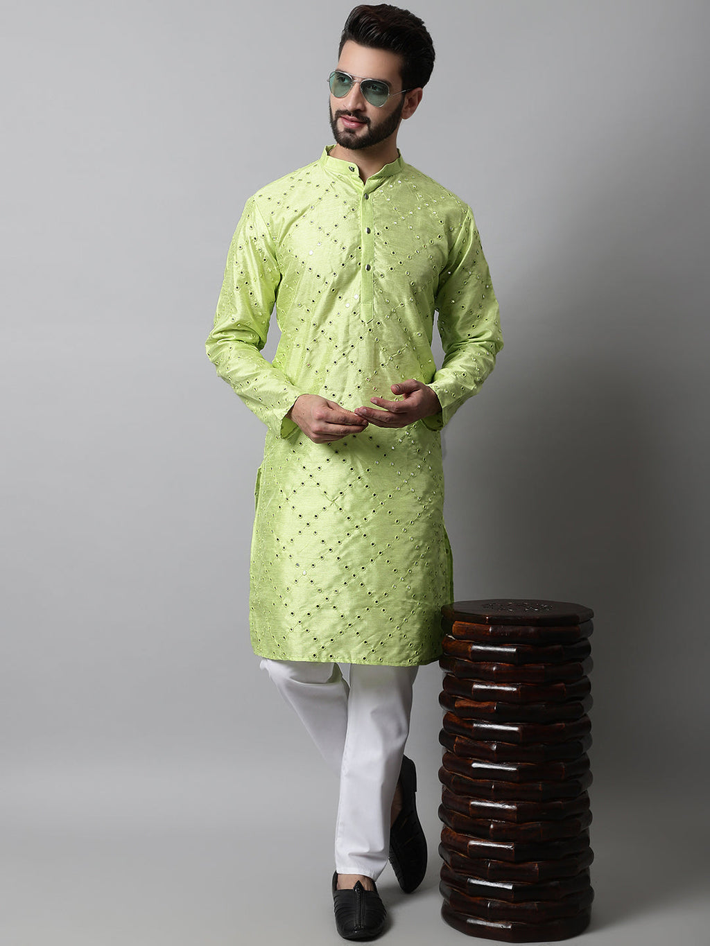 Jompers Men's Lime Green Embroidered Mirror Work Dupion Silk Kurta with Pyjamas