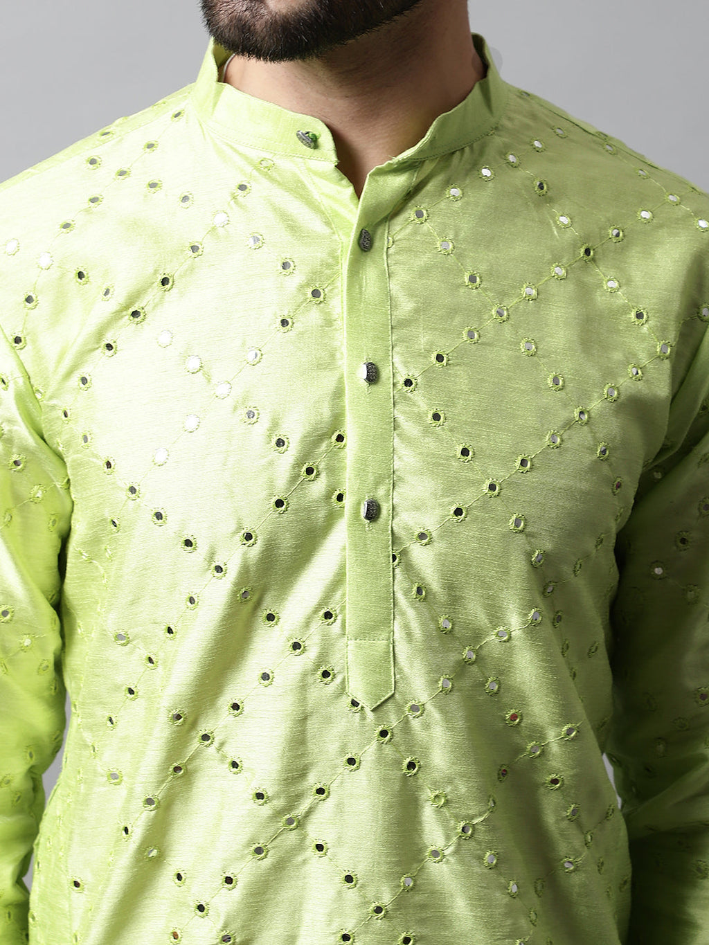 Jompers Men's Lime Green Embroidered Mirror Work Dupion Silk Kurta with Pyjamas
