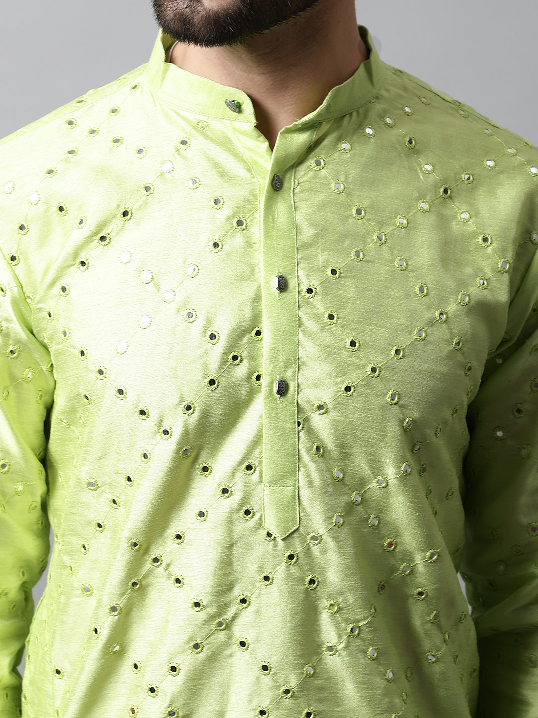 Jompers Men's Lime Green Embroidered Mirror Work Dupion Silk Kurta with Pyjamas