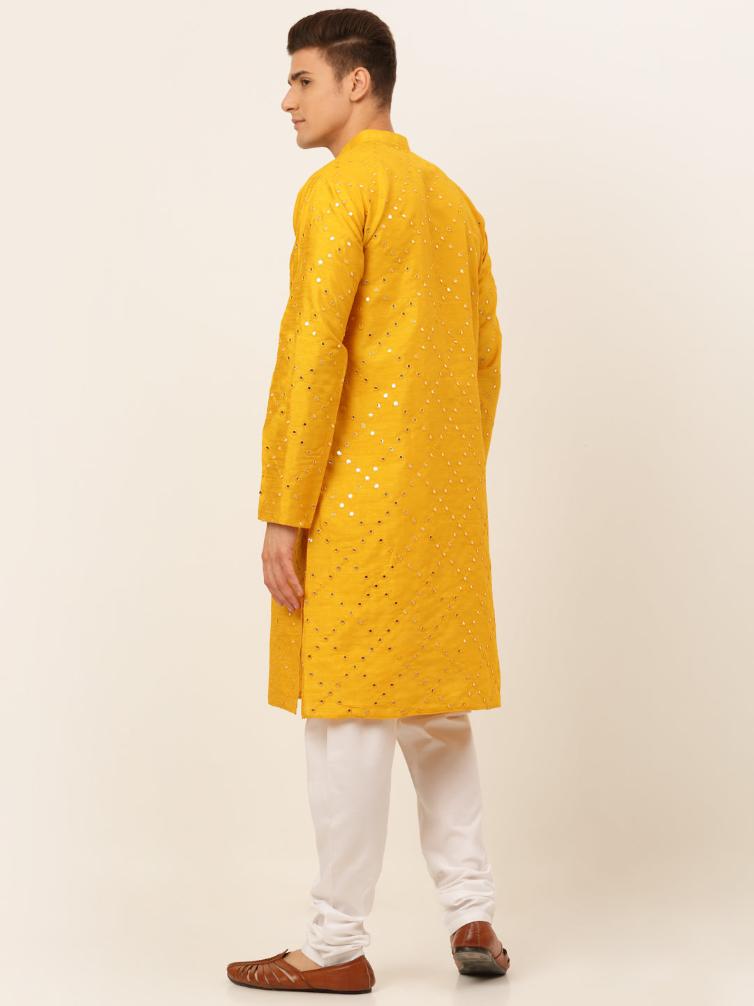 Jompers Men's Dupion Silk Embroidered Kurta Pyjama Set - Mustard