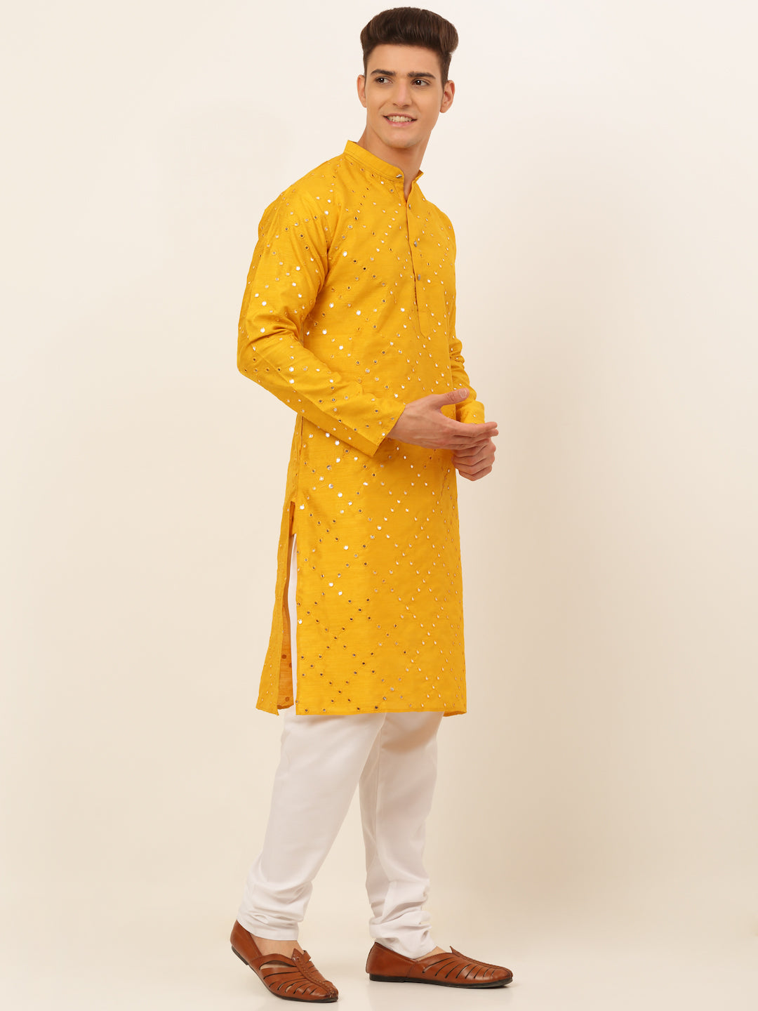 Jompers Men's Dupion Silk Embroidered Kurta Pyjama Set - Mustard