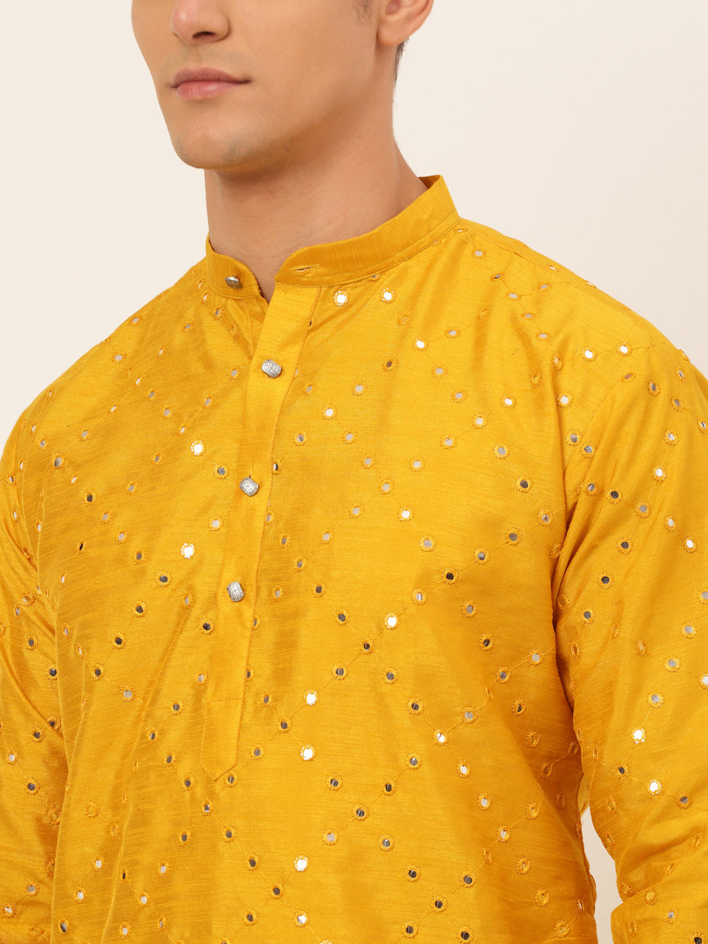 Jompers Men's Dupion Silk Embroidered Kurta Pyjama Set - Mustard