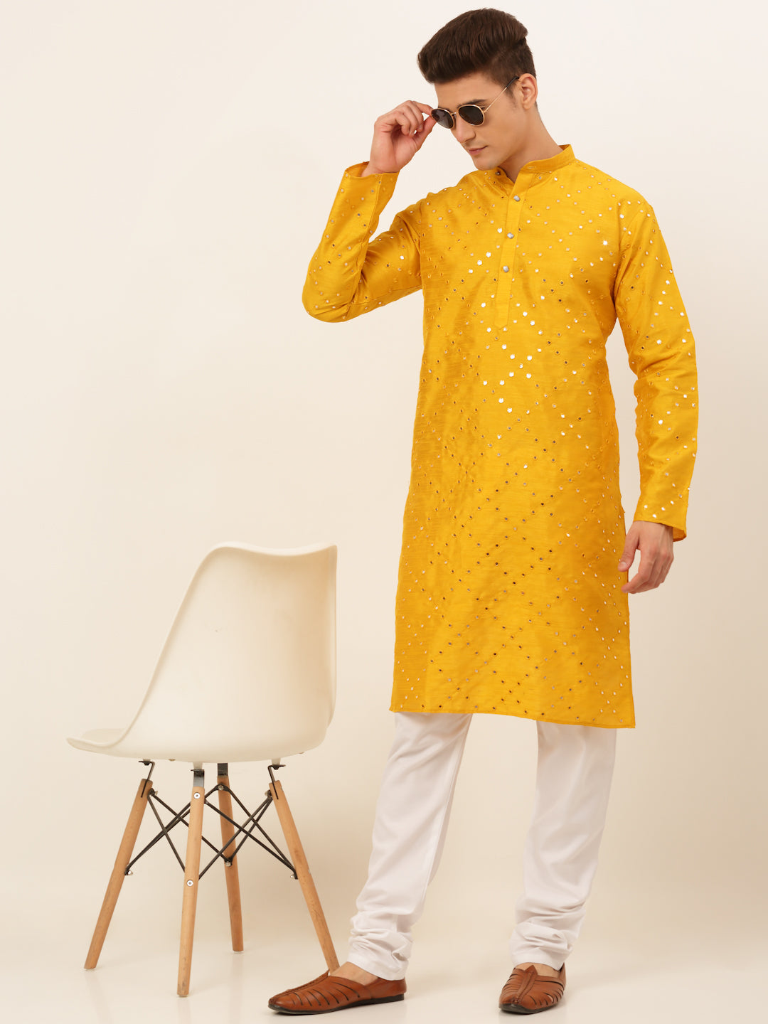Jompers Men's Dupion Silk Embroidered Kurta Pyjama Set - Mustard