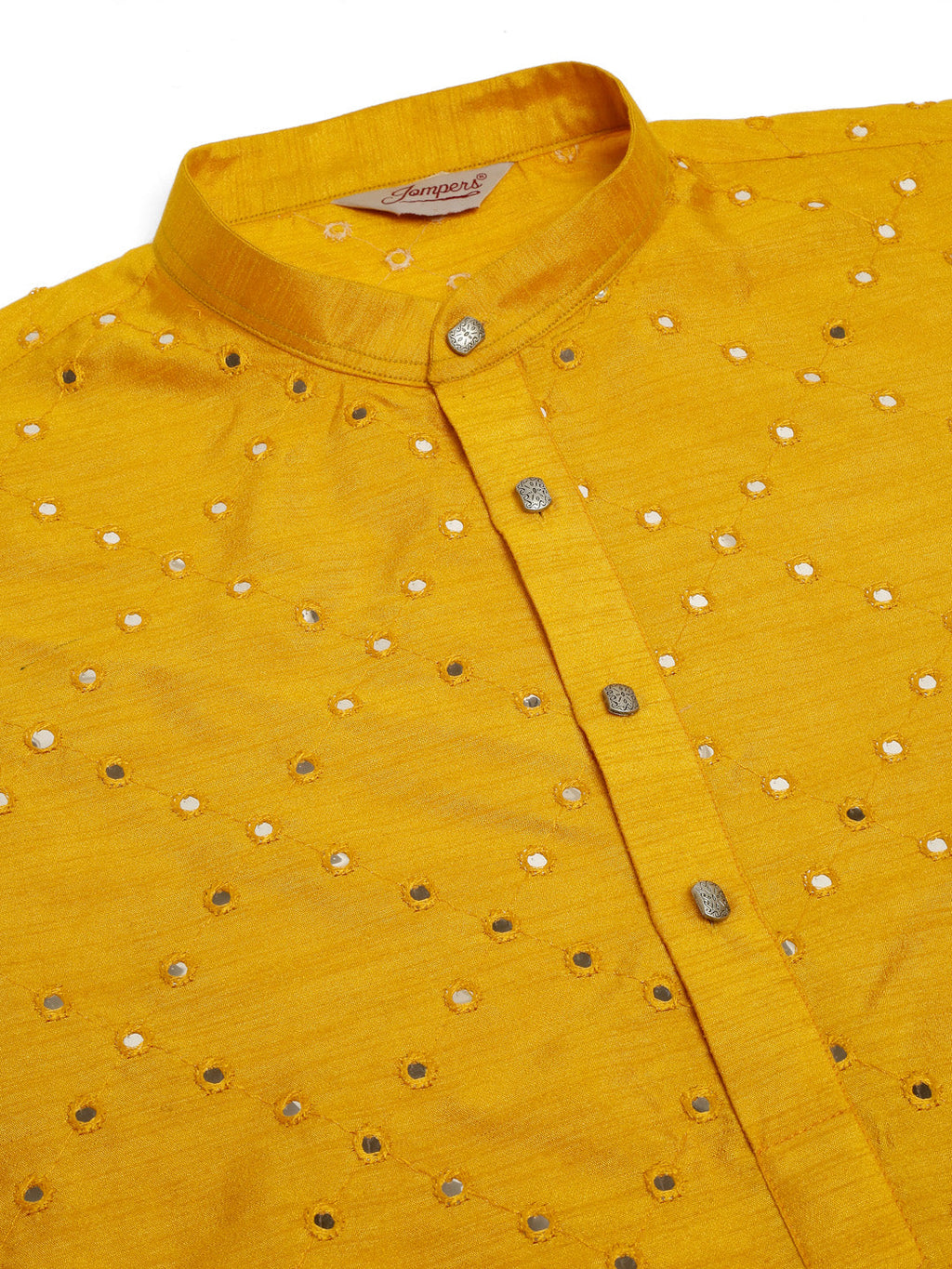 Jompers Men's Dupion Silk Embroidered Kurta Pyjama Set - Mustard