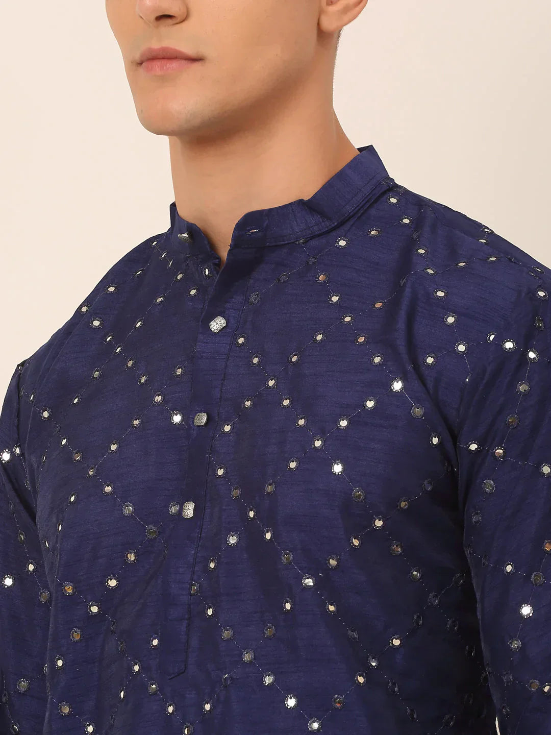 Jompers Men's Navy Blue Mirror Work Kurta Pyjama
