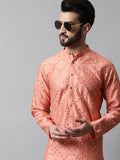 Jompers Men's Peach Embroidered Mirror Work Dupion Silk Kurta with Pyjamas