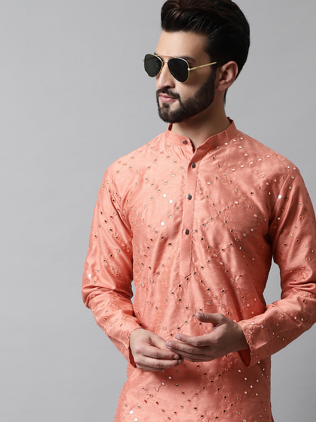 Jompers Men's Peach Embroidered Mirror Work Dupion Silk Kurta with Pyjamas