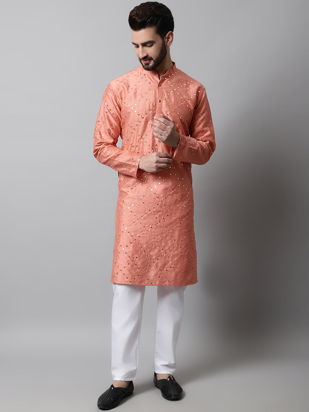 Jompers Men's Peach Embroidered Mirror Work Dupion Silk Kurta with Pyjamas