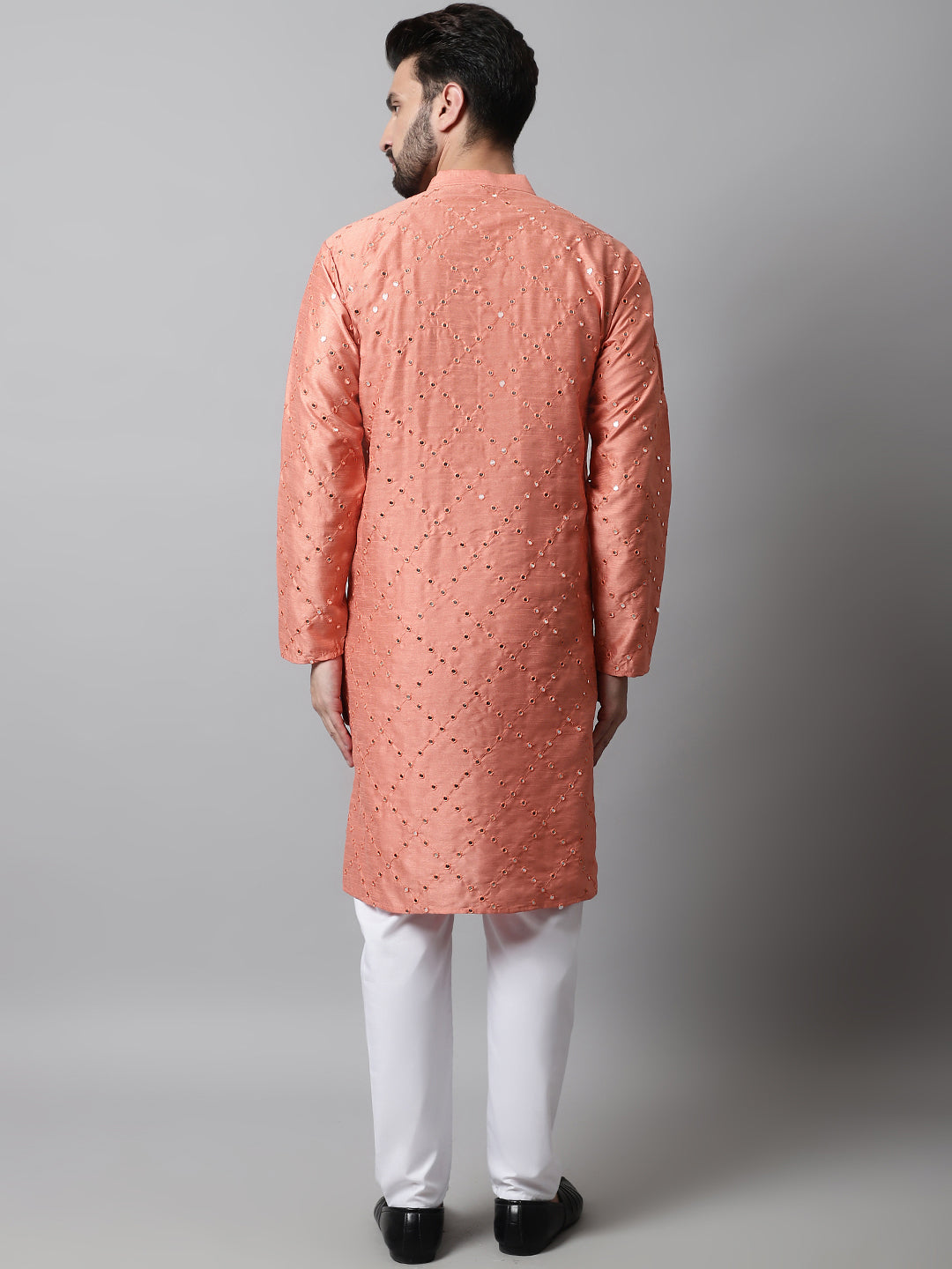 Jompers Men's Peach Embroidered Mirror Work Dupion Silk Kurta with Pyjamas