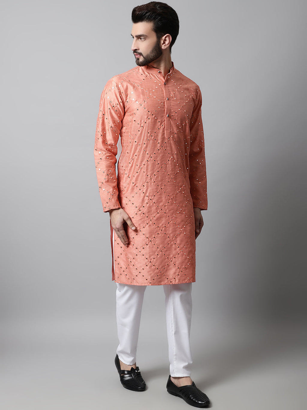 Jompers Men's Peach Embroidered Mirror Work Dupion Silk Kurta with Pyjamas