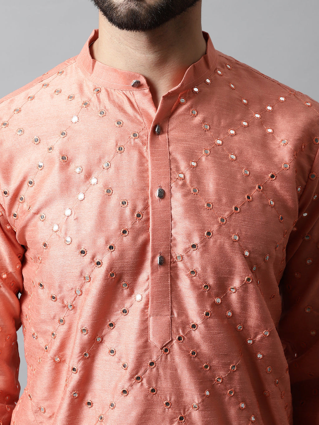 Jompers Men's Peach Embroidered Mirror Work Dupion Silk Kurta with Pyjamas