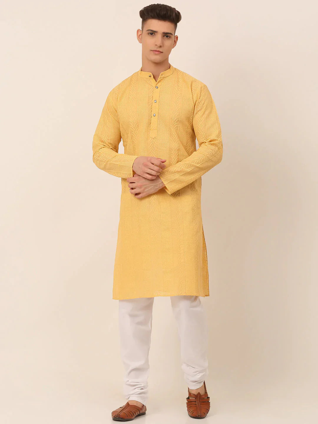 Jompers Men's Pure Cottom Embroidered Kurta Pyjama Set - Beige