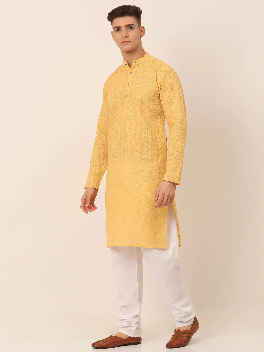 Jompers Men's Pure Cottom Embroidered Kurta Pyjama Set - Beige