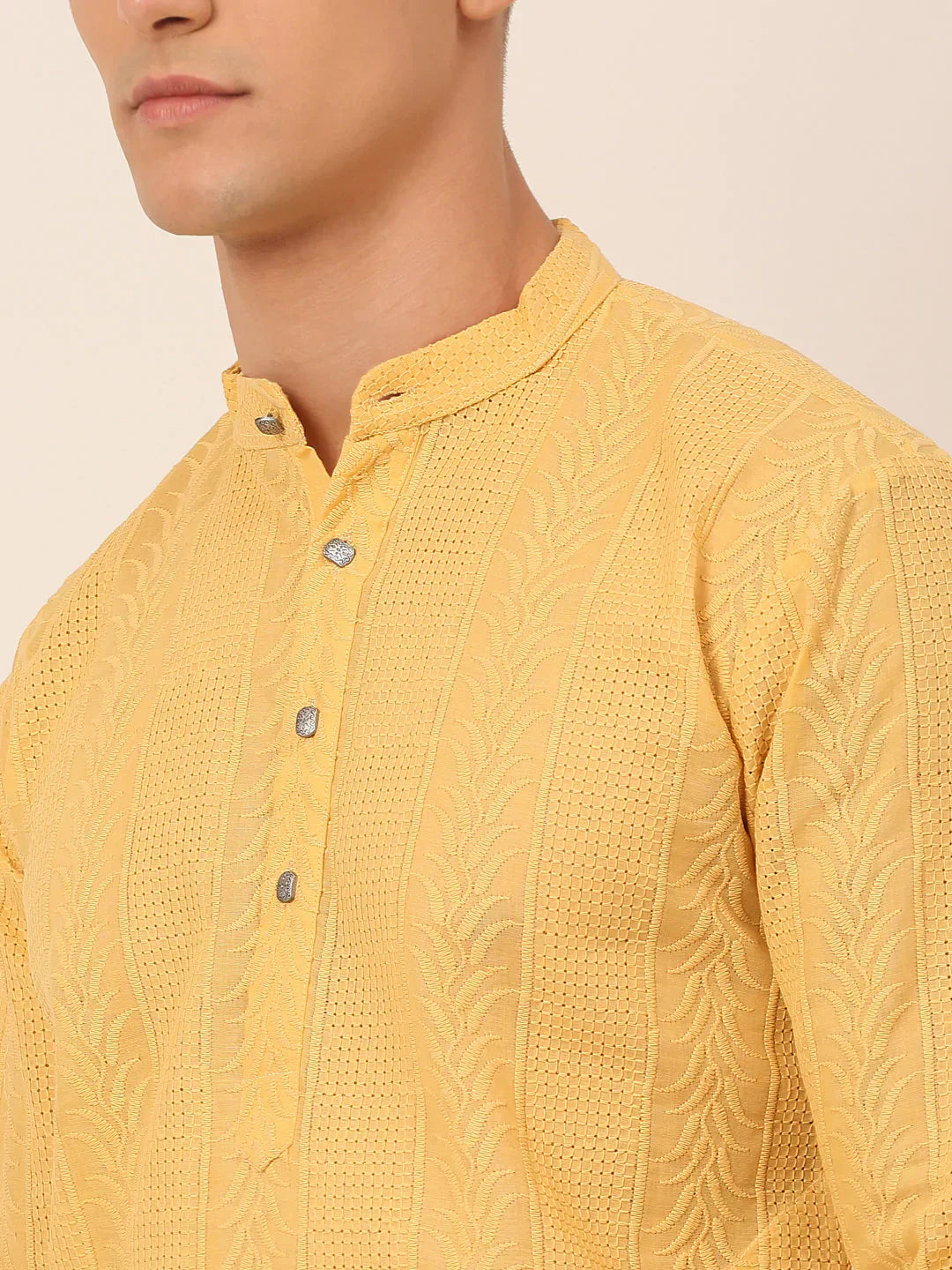 Jompers Men's Pure Cottom Embroidered Kurta Pyjama Set - Beige