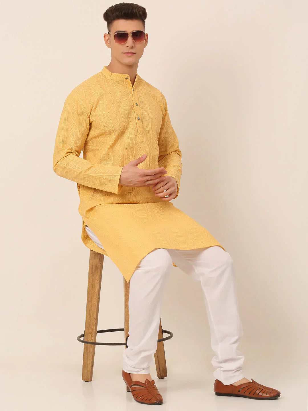 Jompers Men's Pure Cottom Embroidered Kurta Pyjama Set - Beige