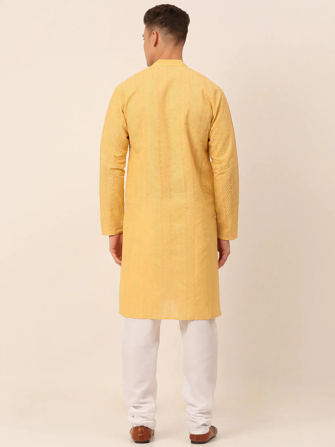 Jompers Men's Pure Cottom Embroidered Kurta Pyjama Set - Beige