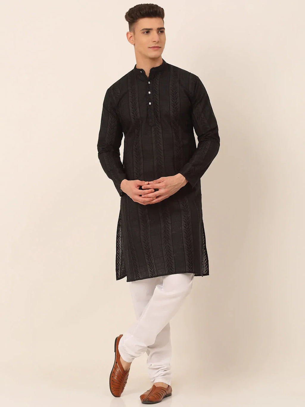 Jompers Men's Pure Cottom Embroidered Kurta Pyjama Set - Black