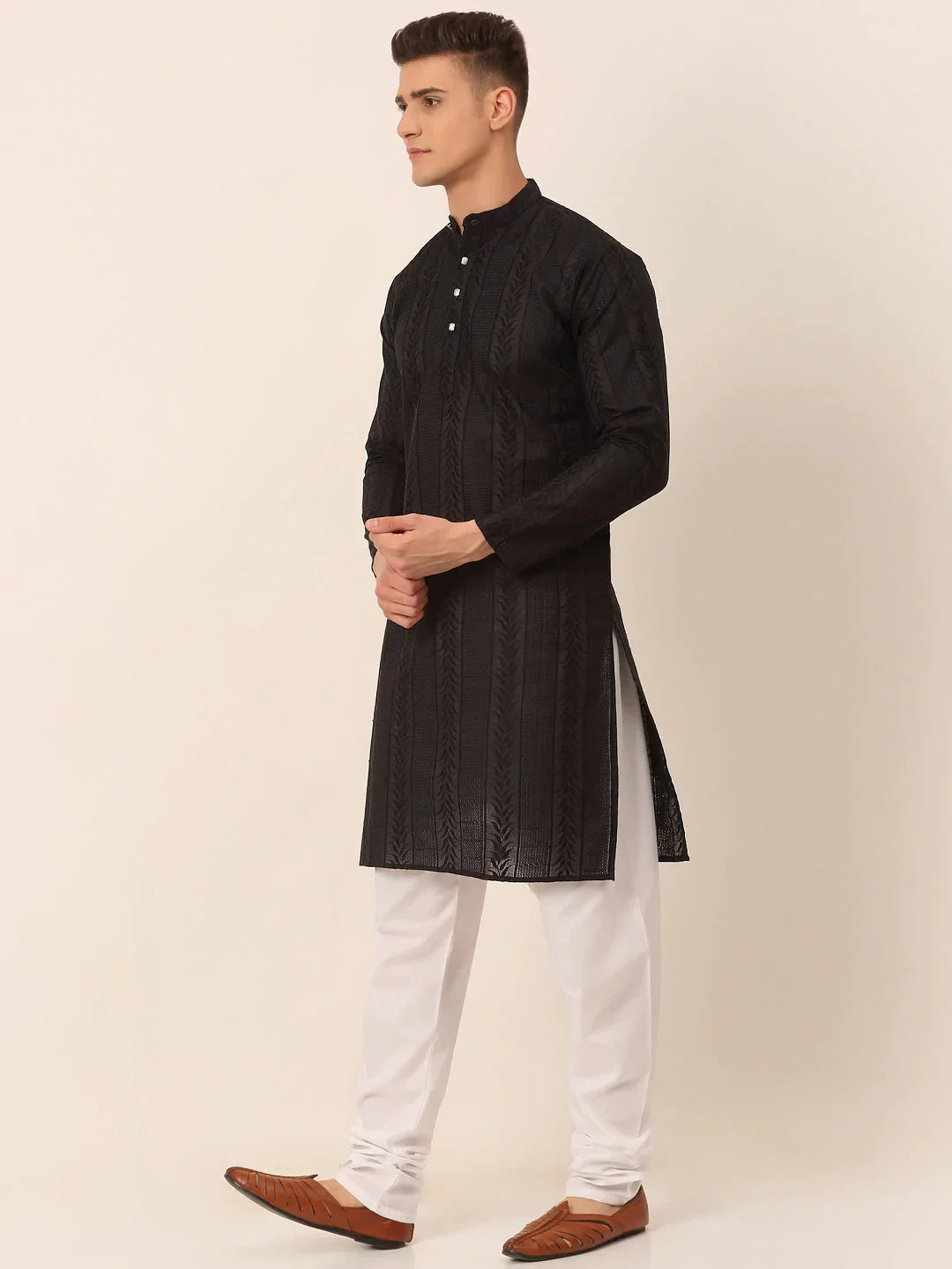 Jompers Men's Pure Cottom Embroidered Kurta Pyjama Set - Black