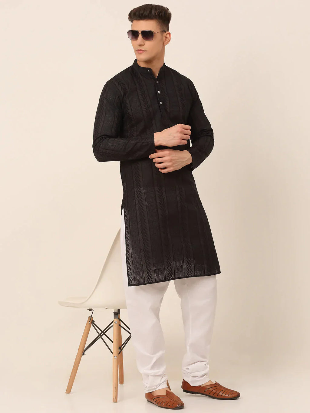 Jompers Men's Pure Cottom Embroidered Kurta Pyjama Set - Black