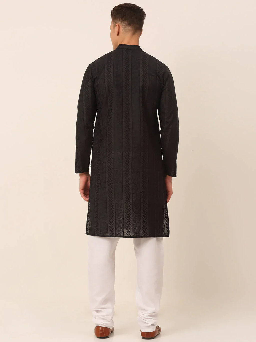 Jompers Men's Pure Cottom Embroidered Kurta Pyjama Set - Black