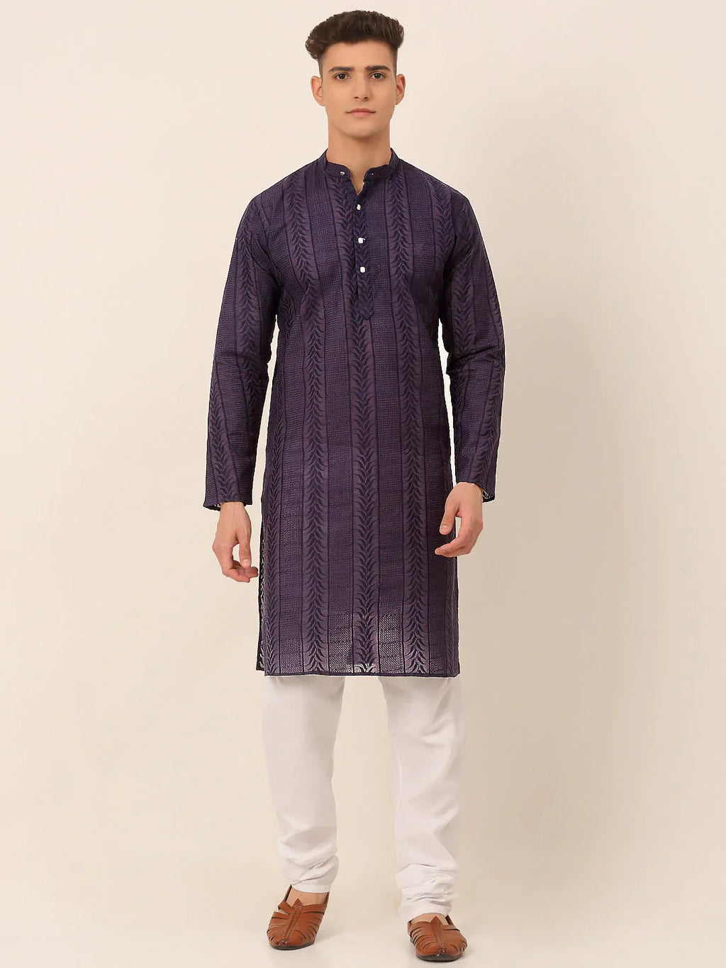 Jompers Men's Pure Cottom Embroidered Kurta Pyjama Set - Navy Blue