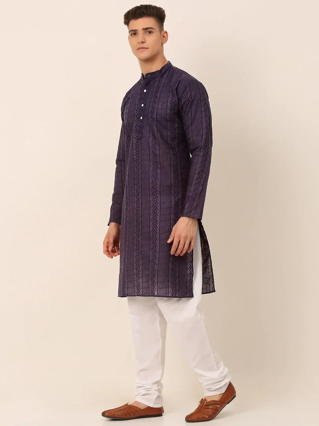 Jompers Men's Pure Cottom Embroidered Kurta Pyjama Set - Navy Blue