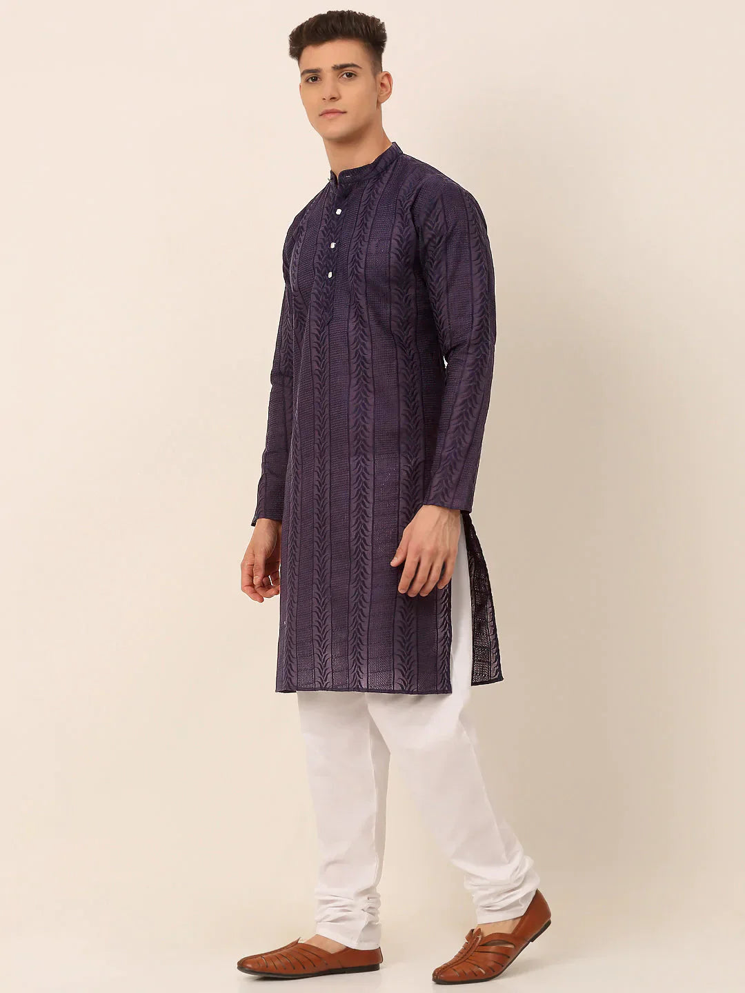 Jompers Men's Pure Cottom Embroidered Kurta Pyjama Set - Navy Blue