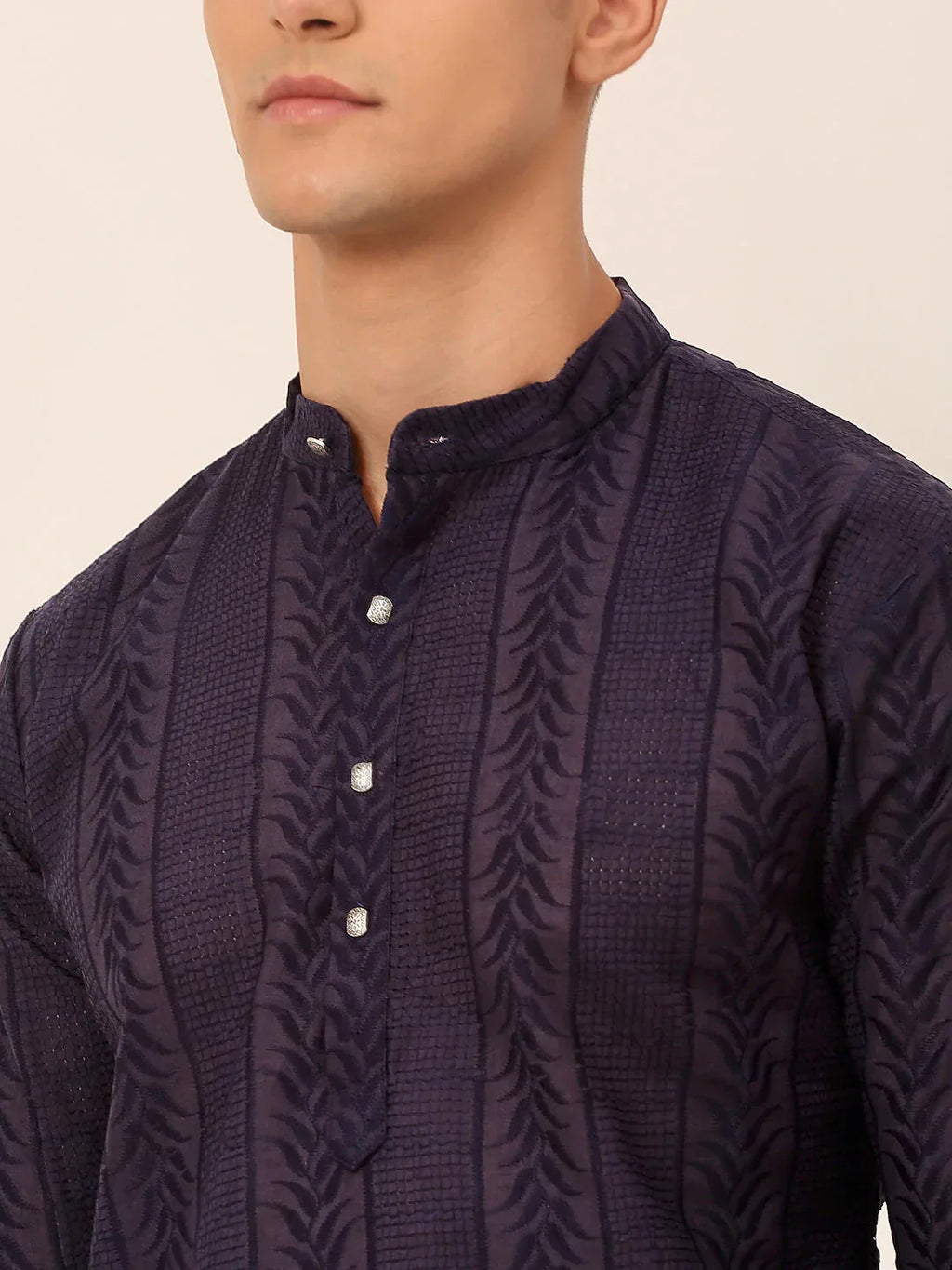 Jompers Men's Pure Cottom Embroidered Kurta Pyjama Set - Navy Blue