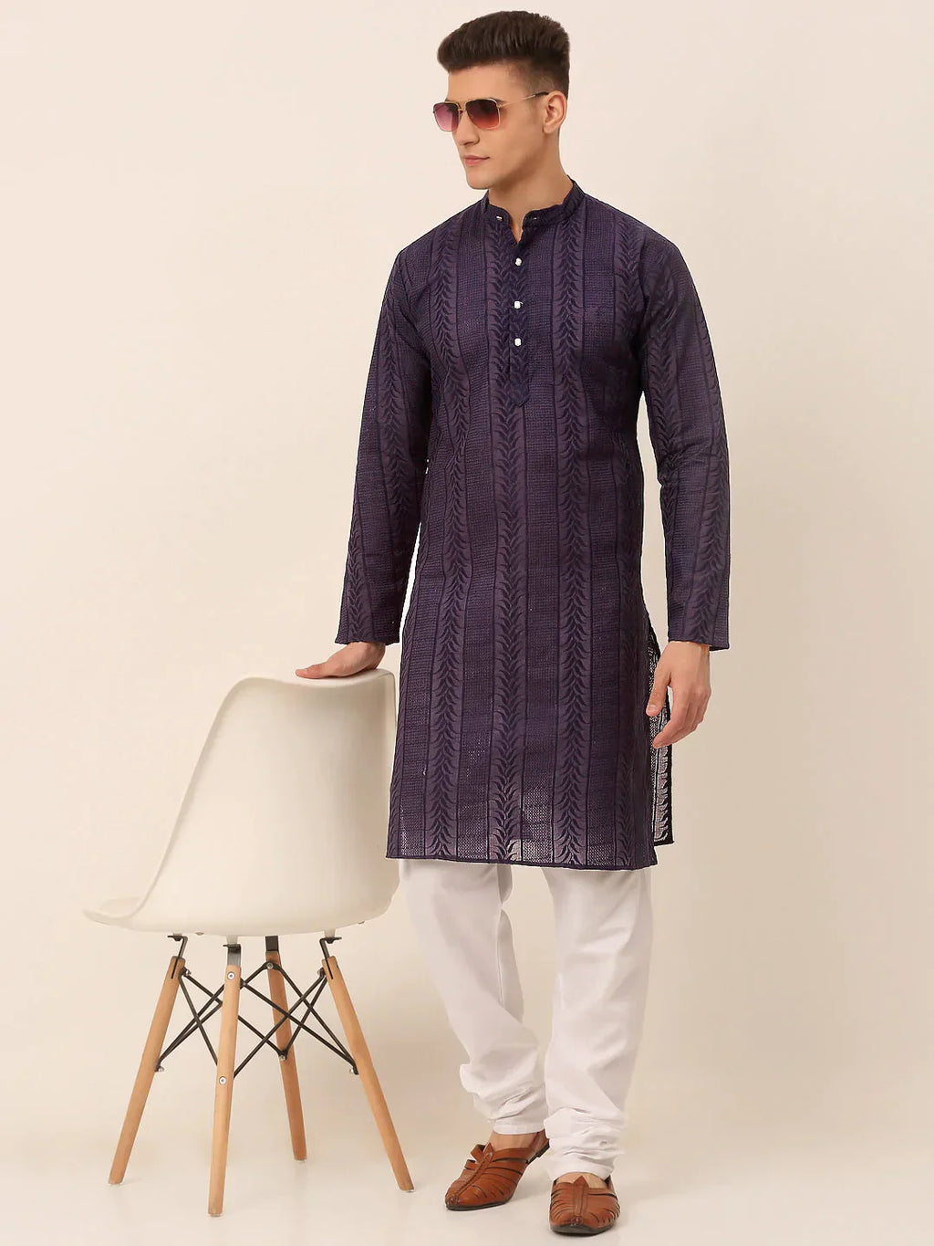 Jompers Men's Pure Cottom Embroidered Kurta Pyjama Set - Navy Blue