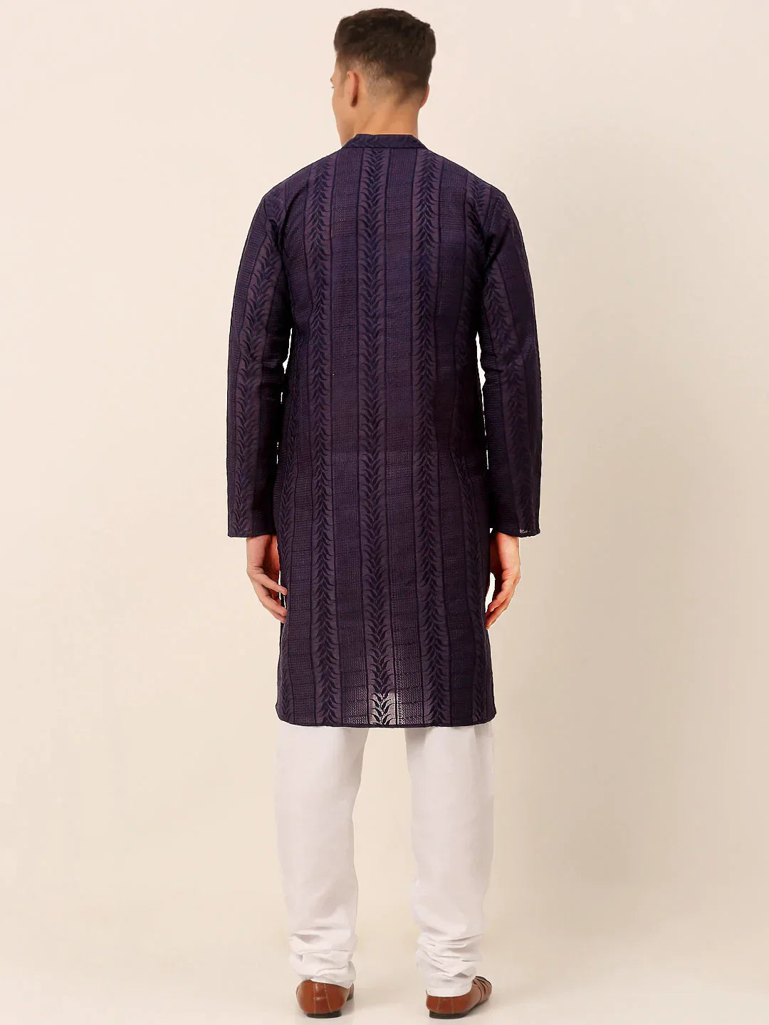 Jompers Men's Pure Cottom Embroidered Kurta Pyjama Set - Navy Blue