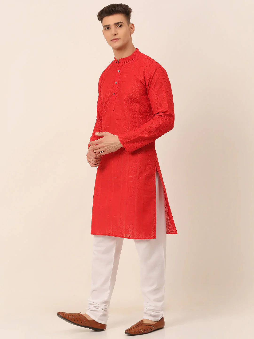 Jompers Men's Pure Cottom Embroidered Kurta Pyjama Set - Red