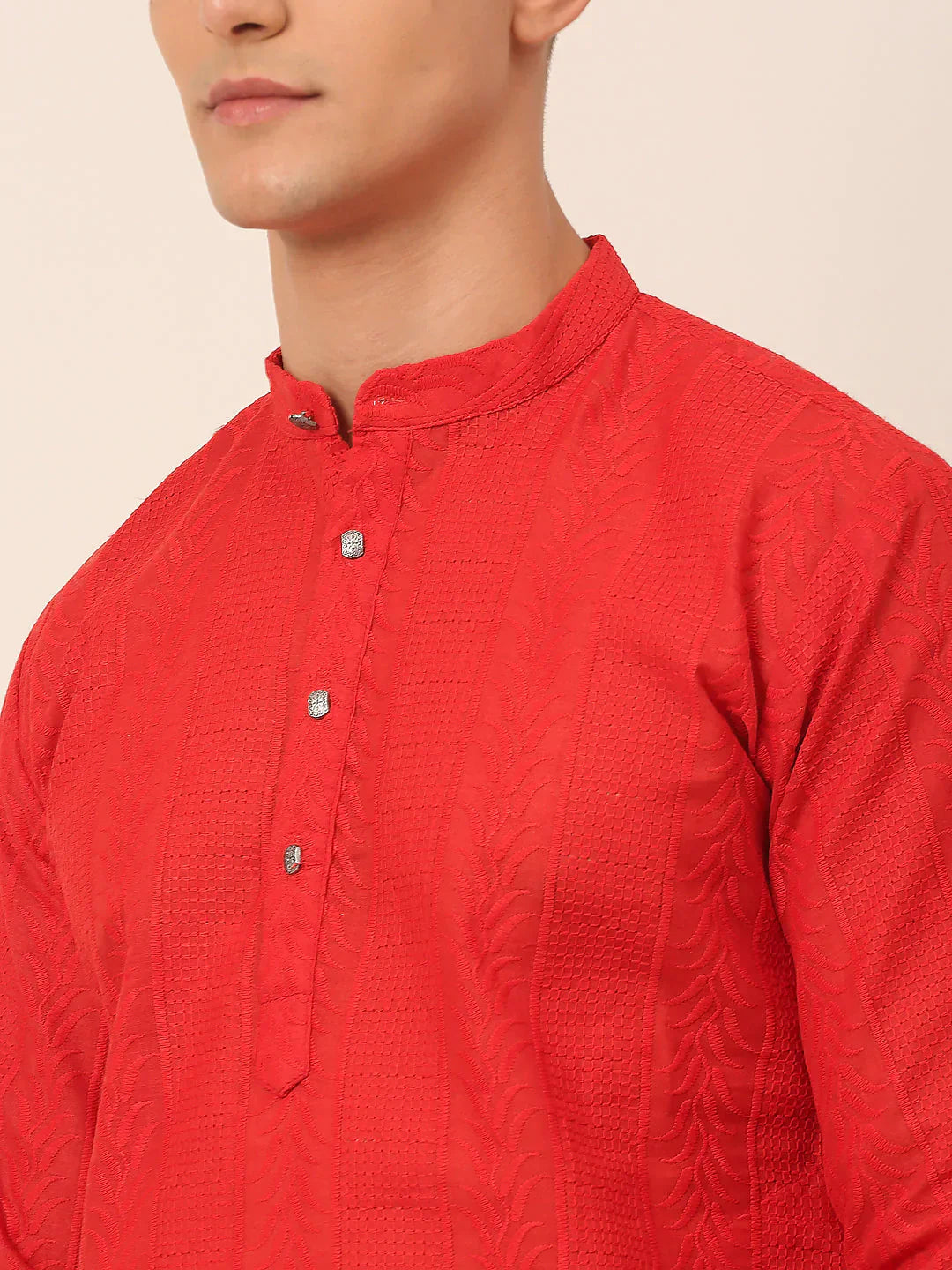 Jompers Men's Pure Cottom Embroidered Kurta Pyjama Set - Red