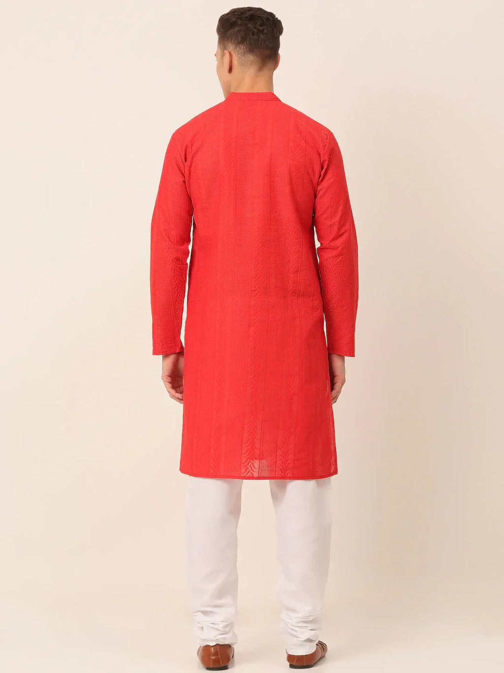 Jompers Men's Pure Cottom Embroidered Kurta Pyjama Set - Red