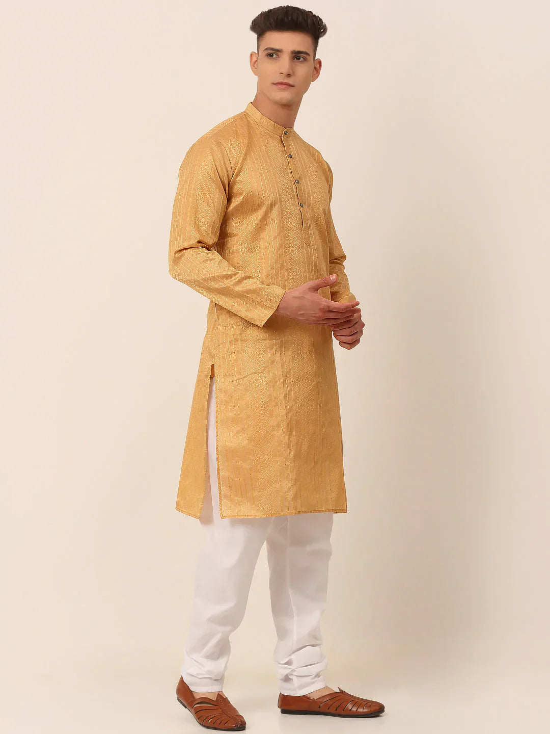 Jompers Men's Silk Blend Sequence Embroidered Kurta Pyjama Set - Beige