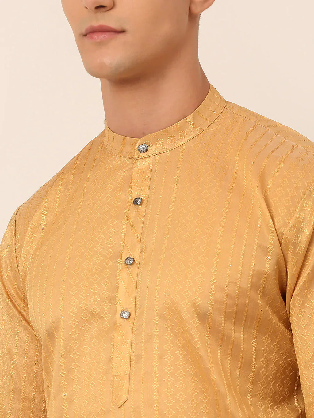 Jompers Men's Silk Blend Sequence Embroidered Kurta Pyjama Set - Beige