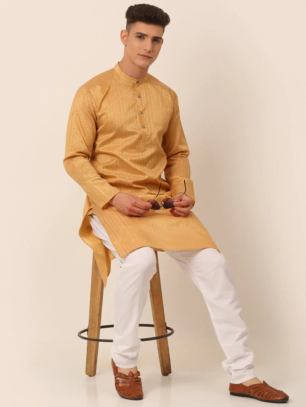 Jompers Men's Silk Blend Sequence Embroidered Kurta Pyjama Set - Beige