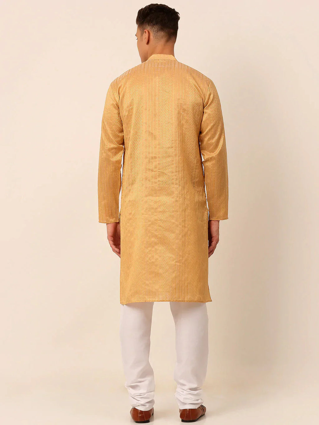 Jompers Men's Silk Blend Sequence Embroidered Kurta Pyjama Set - Beige