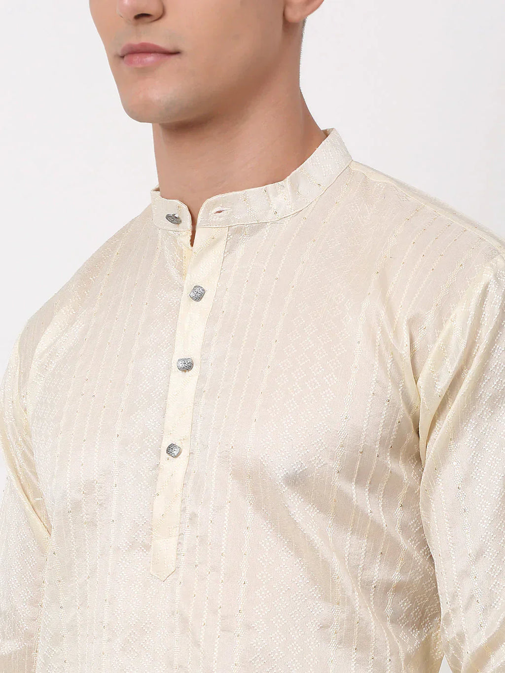 Jompers Men's Silk Blend Sequence Embroidered Kurta Pyjama Set - Cream