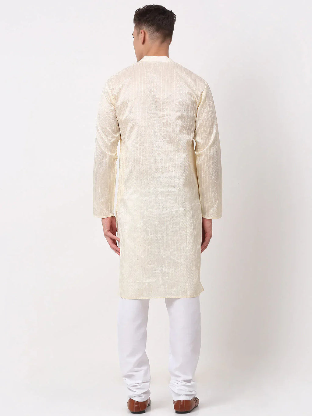 Jompers Men's Silk Blend Sequence Embroidered Kurta Pyjama Set - Cream