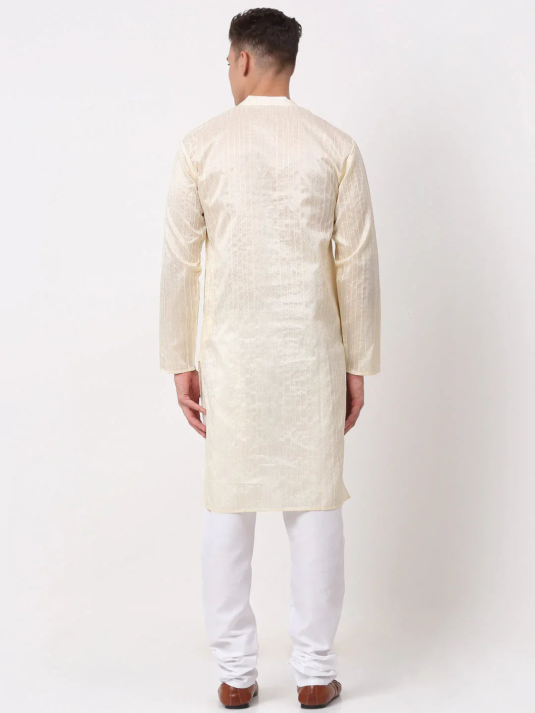 Jompers Men's Silk Blend Sequence Embroidered Kurta Pyjama Set - Cream